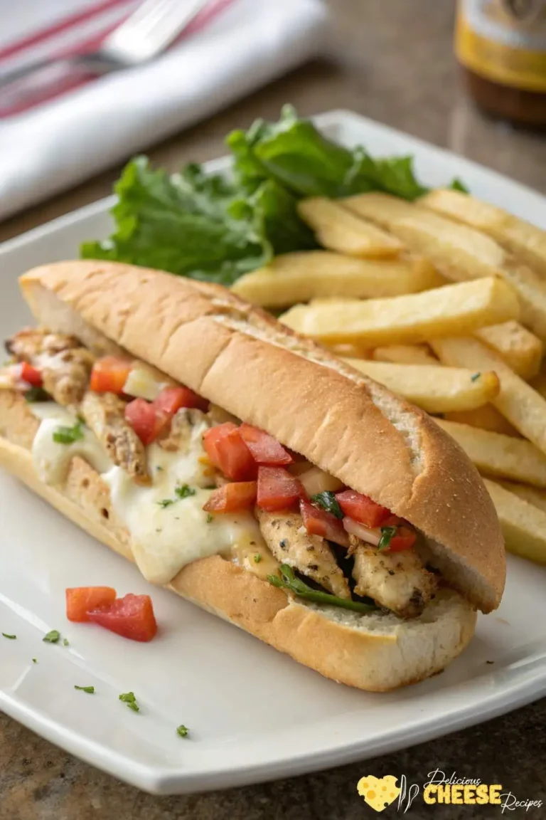 Grilled chicken cheese steak sandwich with creamy melted cheese, diced tomatoes, and fries on a white plate