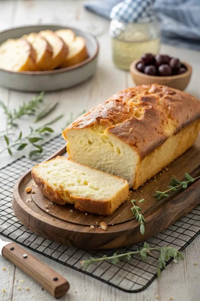 Freshly baked cottage cheese bread loaf sliced on a wooden board with rustic herbs