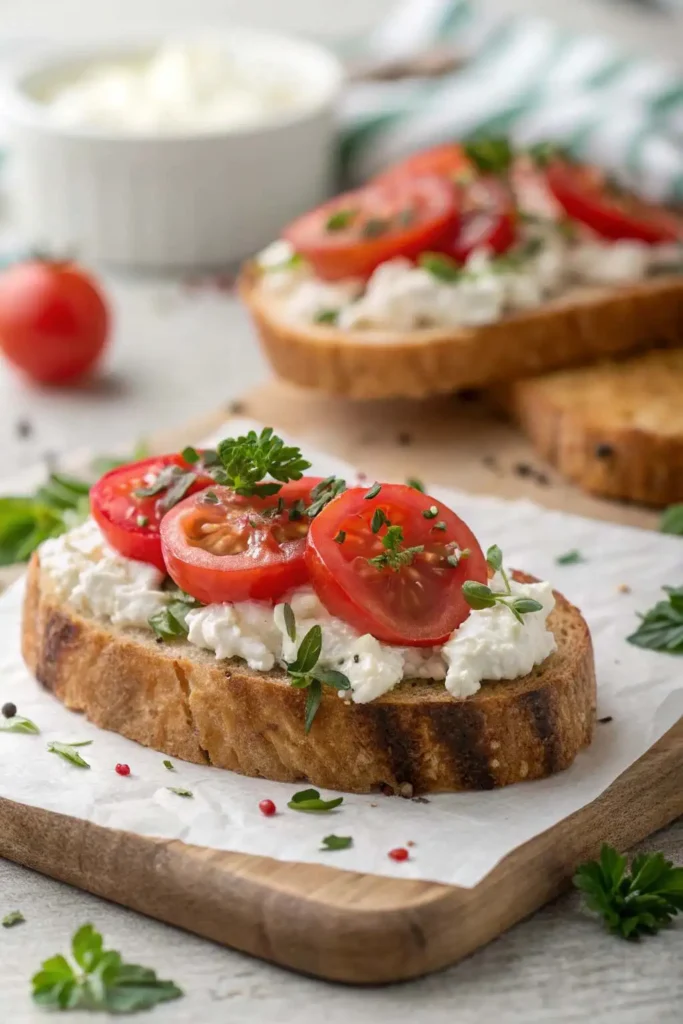 Toasted bread topped with cottage cheese, fresh tomatoes, and herbs - perfect for savory cottage cheese recipes