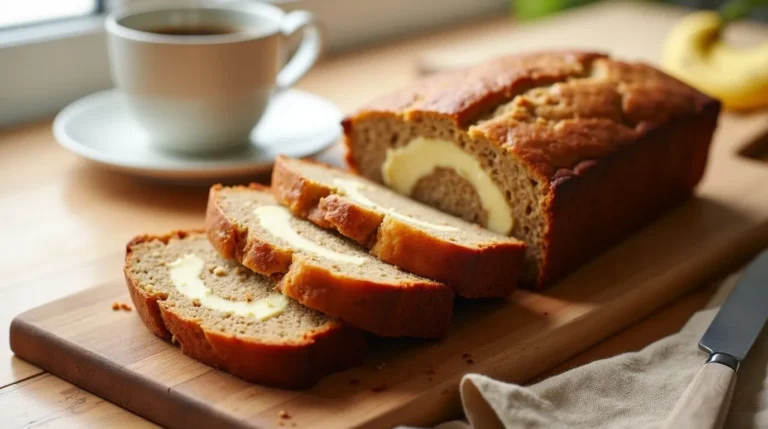 Final cream cheese banana bread, sliced to show its moist texture and creamy center on a wooden board