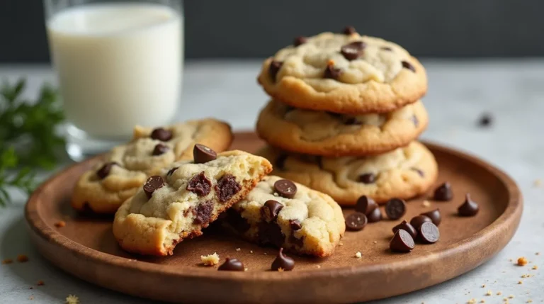 Freshly baked cream cheese chocolate chip cookies stacked on a plate, with a glass of milk in the background
