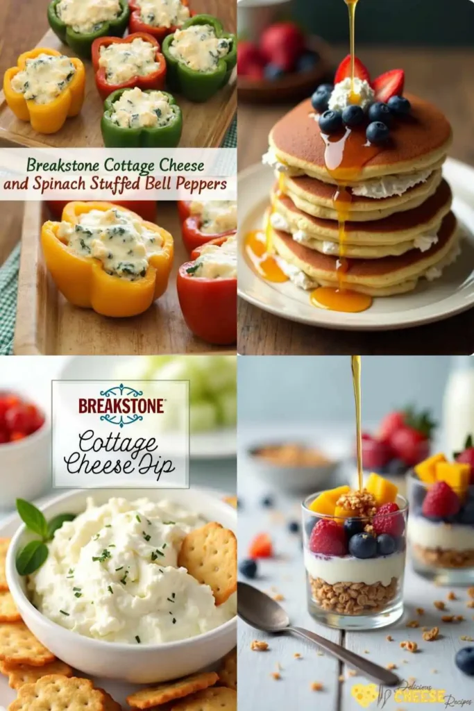Delicious recipes made with Breakstone cottage cheese, including stuffed peppers, pancakes, dip, and parfait