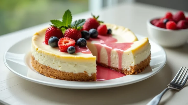 A beautifully presented cottage cheese cake topped with fresh berries and drizzled with a vibrant fruit coulis, ready to be served