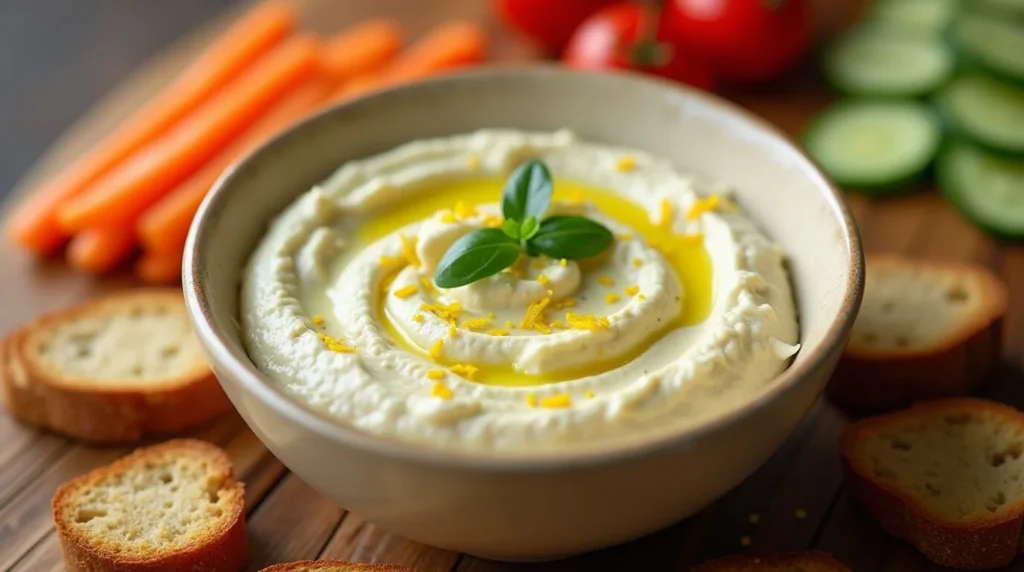 Hy-Vee whipped cream cheese spread garnished with basil, olive oil, and lemon zest, served with fresh vegetables and bread.