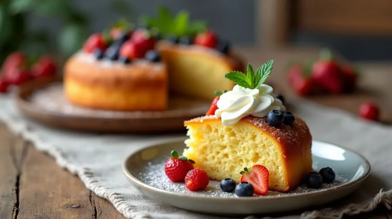 A slice of moist Schnucks cream cheese cake topped with whipped cream and fresh berries, showcasing its soft and fluffy texture