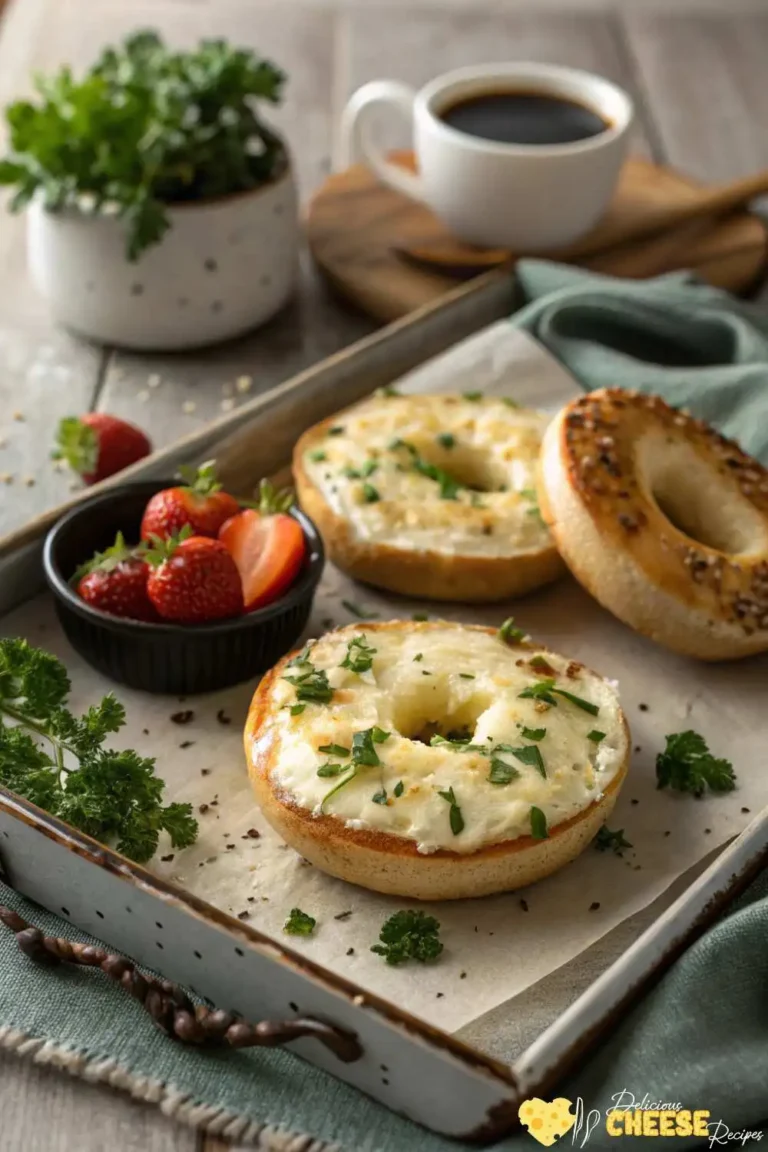 Bagel with cream cheese, baked and topped with herbs, served on a rustic breakfast tray with strawberries and coffee