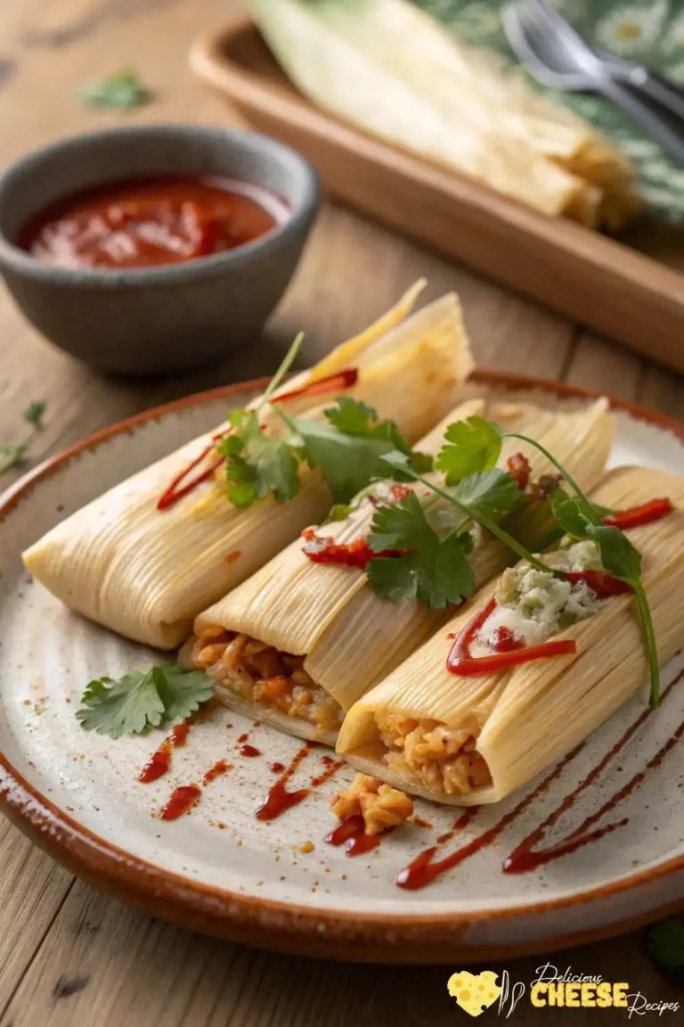 Four chicken cheese and chili tamales wrapped in corn husks, served with red chili sauce and fresh cilantro on a rustic plate