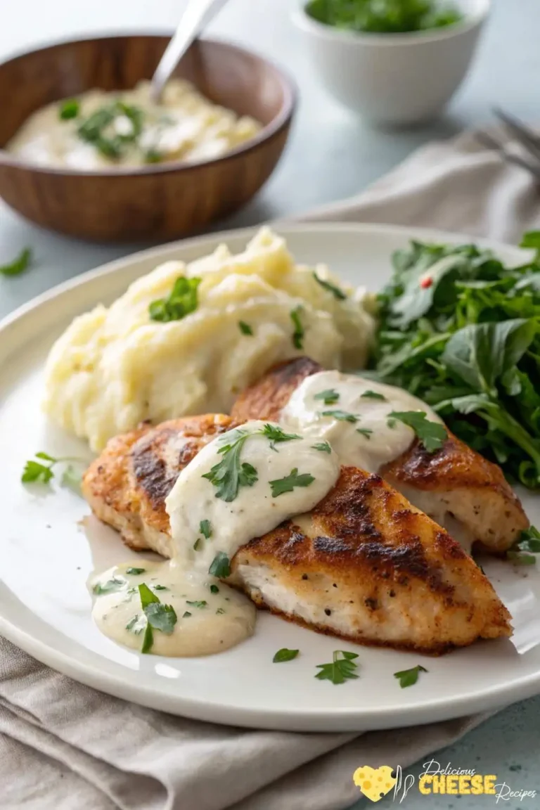 Pan-seared chicken breasts with cream cheese sauce, mashed potatoes, and leafy greens on a white plate