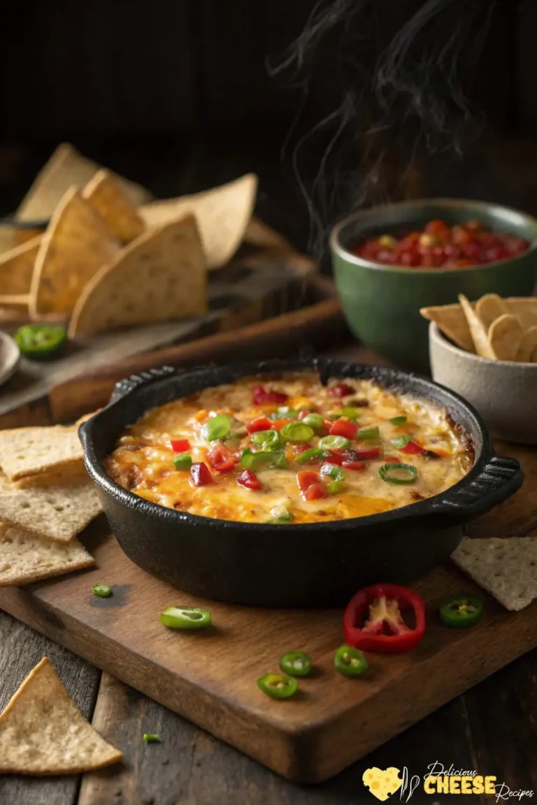 Corn dip with cream cheese served hot in a cast iron dish, topped with green onions and red peppers, with chips on the side