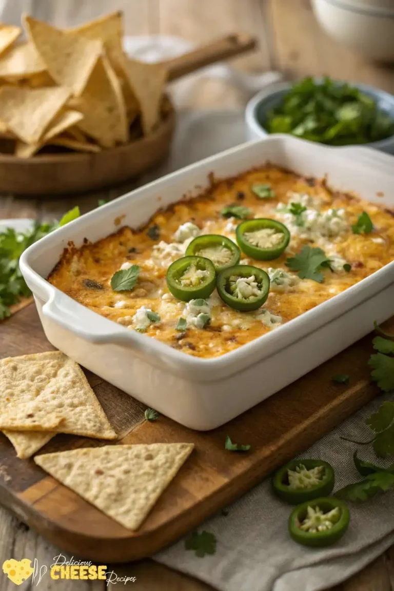 Rectangular white dish with baked cottage cheese buffalo chicken dip, topped with jalapeños and herbs