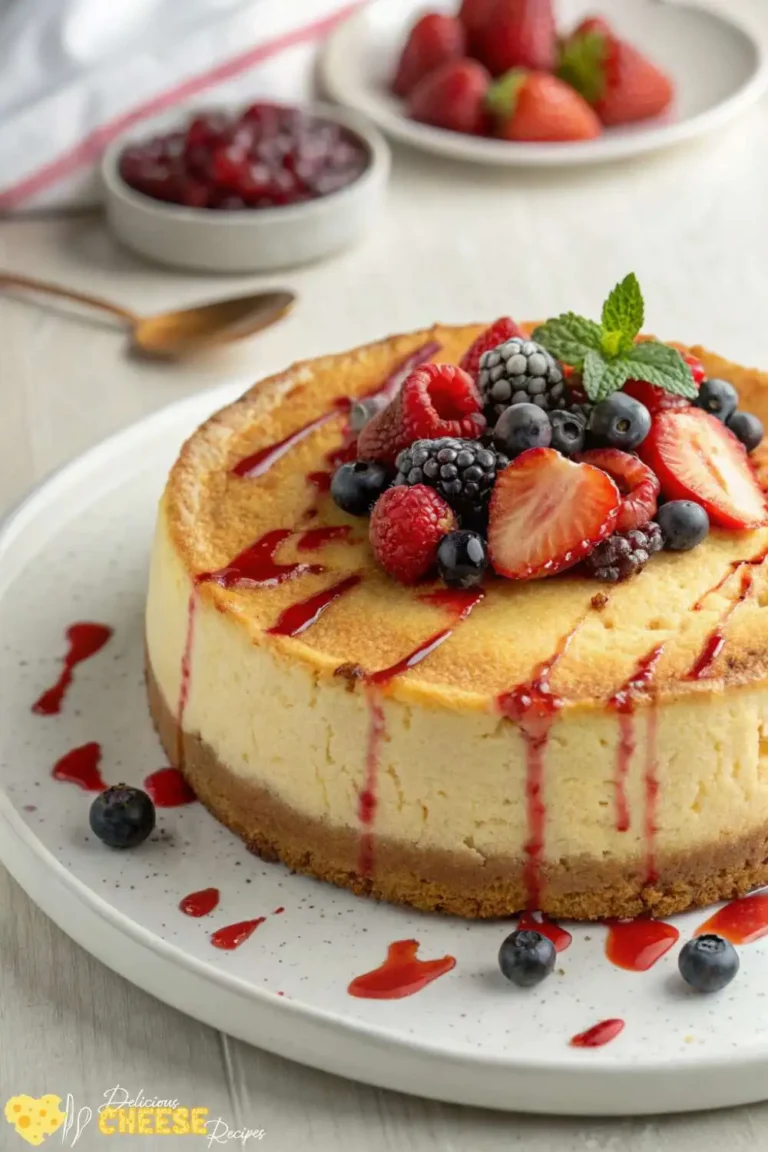 Oven-baked cottage cheese cake topped with fresh berries and strawberry sauce
