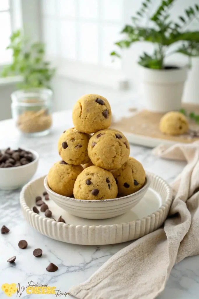 Healthy cottage cheese cookie dough balls with chocolate chips on a white plate