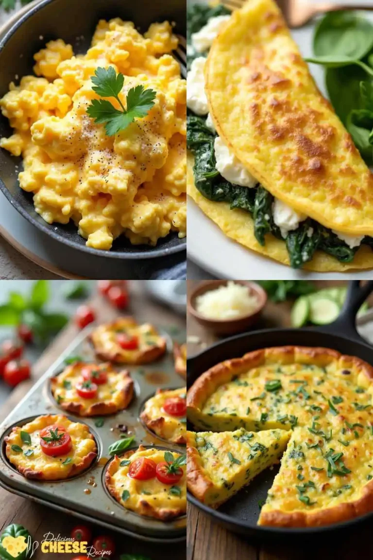 Four cottage cheese egg recipes: scrambled eggs, spinach omelette, mini egg bites, and egg casserole