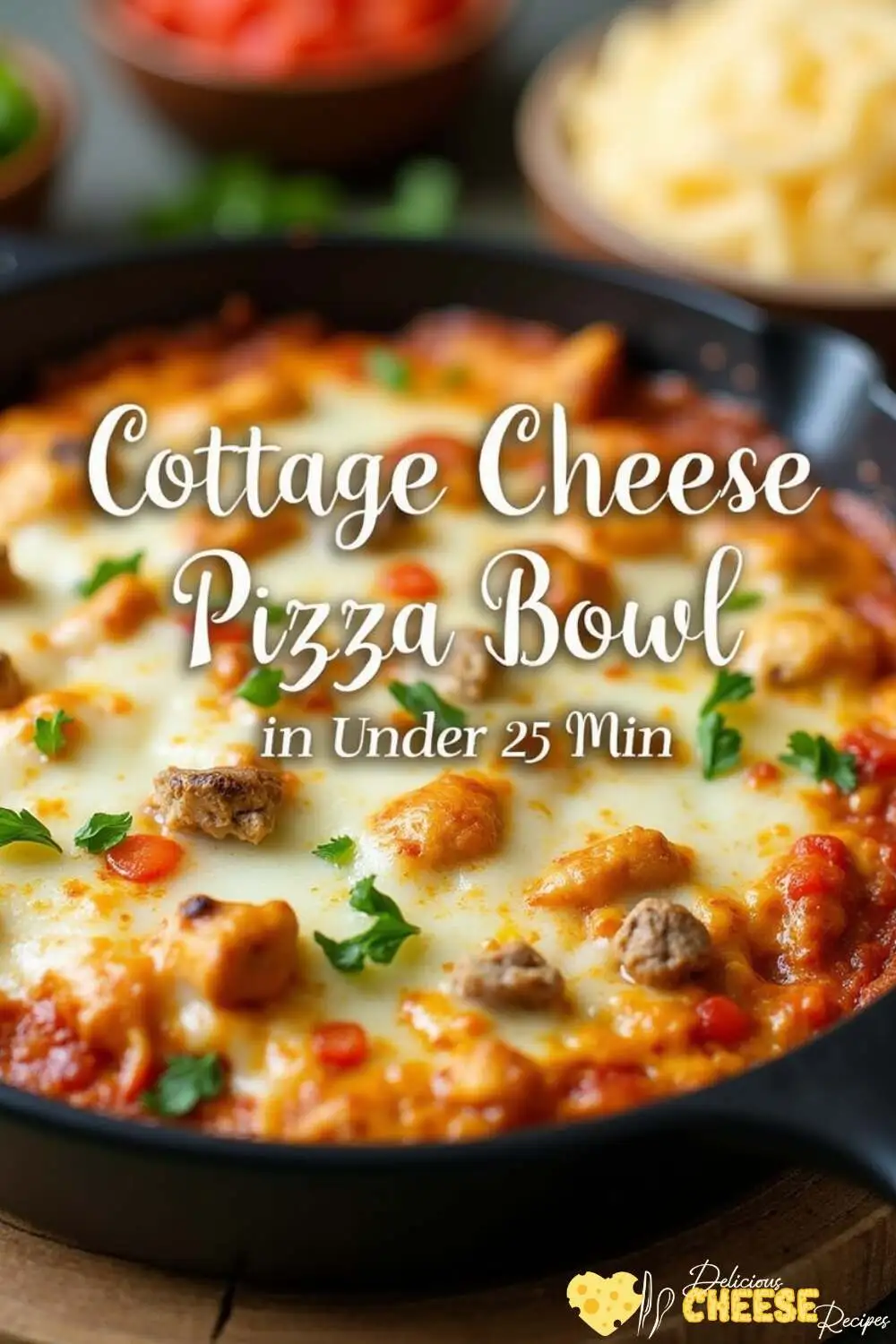 Cottage cheese pizza bowl with melted mozzarella, diced veggies, and shredded chicken, served in a black bowl for a delicious and quick meal.