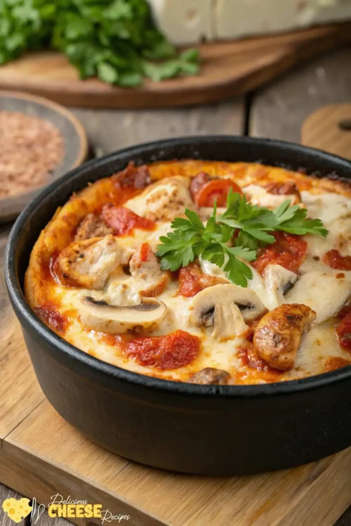 Cottage cheese pizza bowl with melted cheese, mushrooms, chicken, and tomato sauce served hot in a black cast iron pan