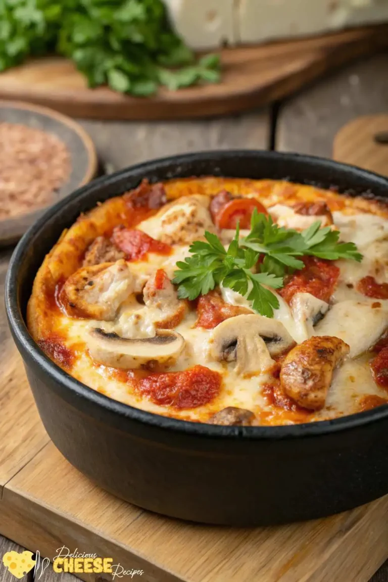 Cottage cheese pizza bowl with melted cheese, mushrooms, chicken, and tomato sauce served hot in a black cast iron pan