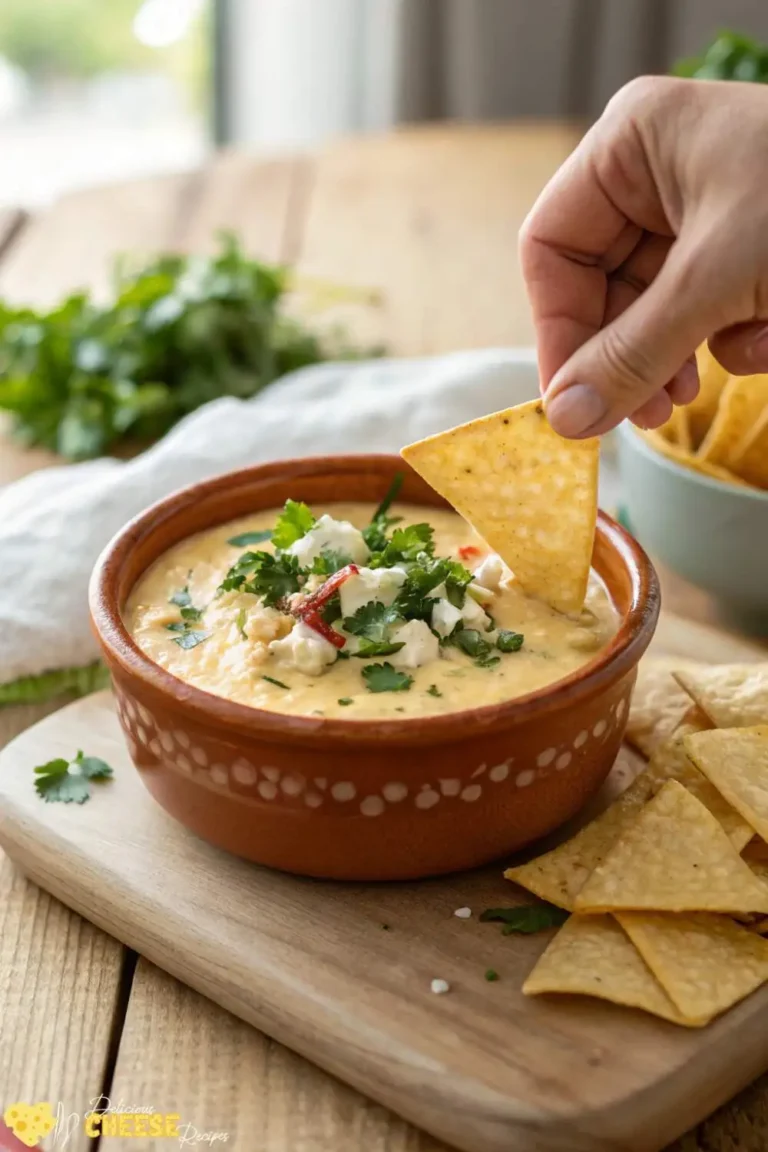 Hand dipping a nacho chip into a creamy cottage cheese queso dip with fresh herbs