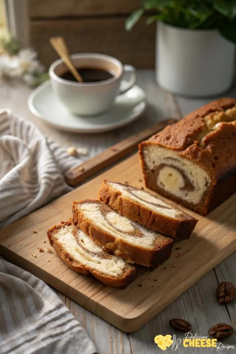 Cream cheese banana bread sliced on a wooden board, showing a creamy swirl in the center, with a cup of coffee in the background