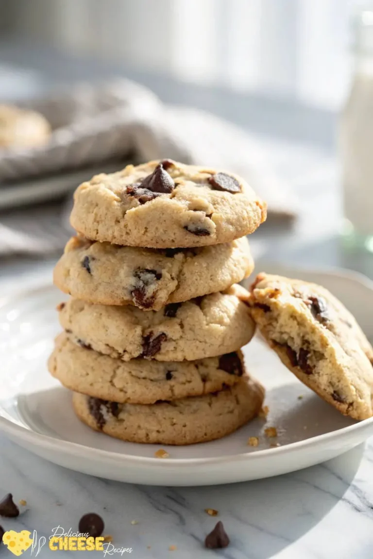 Stack of cream cheese chocolate chip cookies with melted chocolate on a white plate