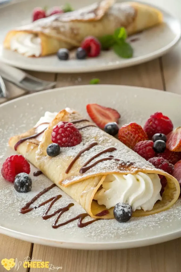 Close-up of crepes filled with cream cheese filling, topped with fresh berries and powdered sugar