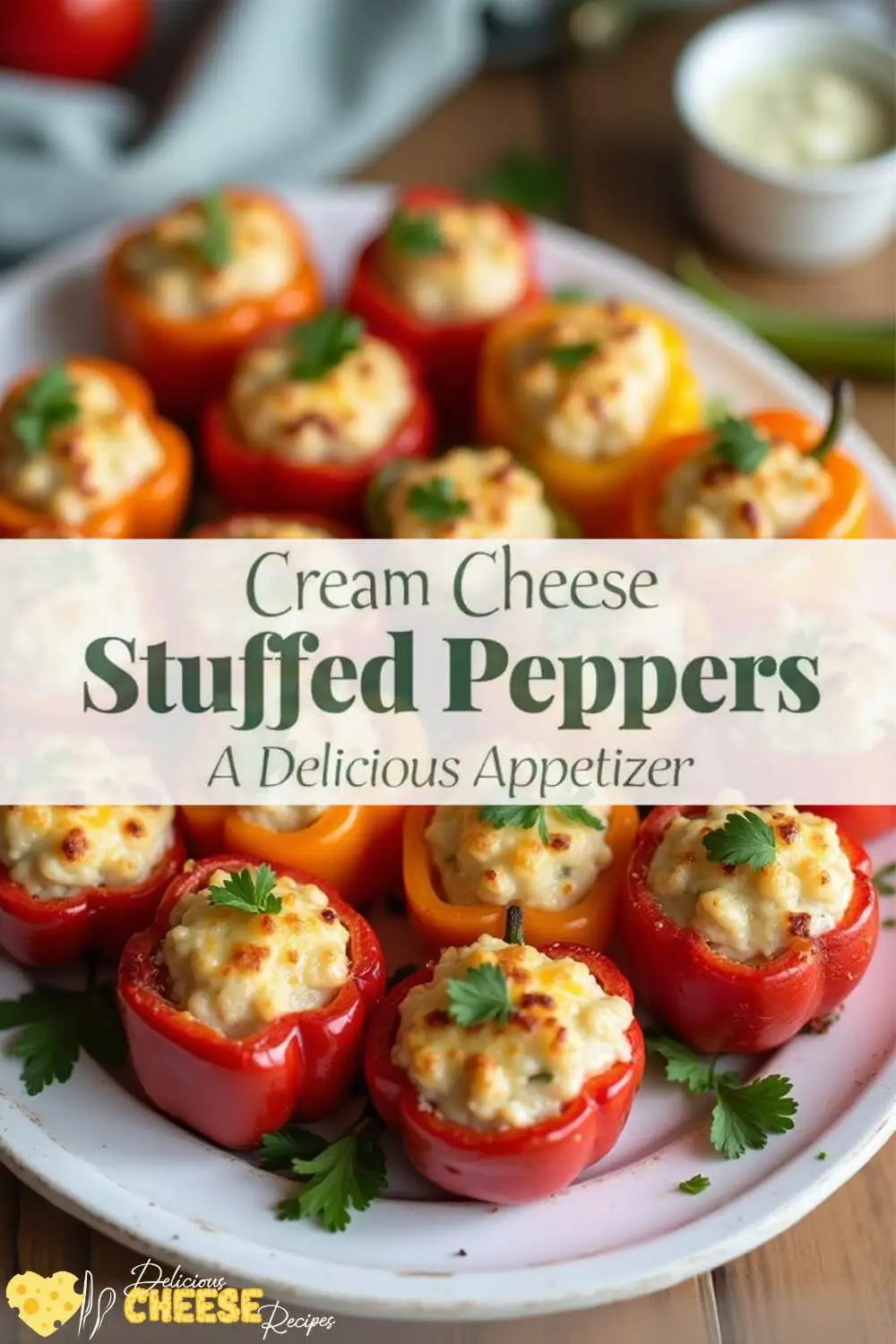 Vibrant cream cheese stuffed peppers with golden cheese topping and fresh parsley garnish