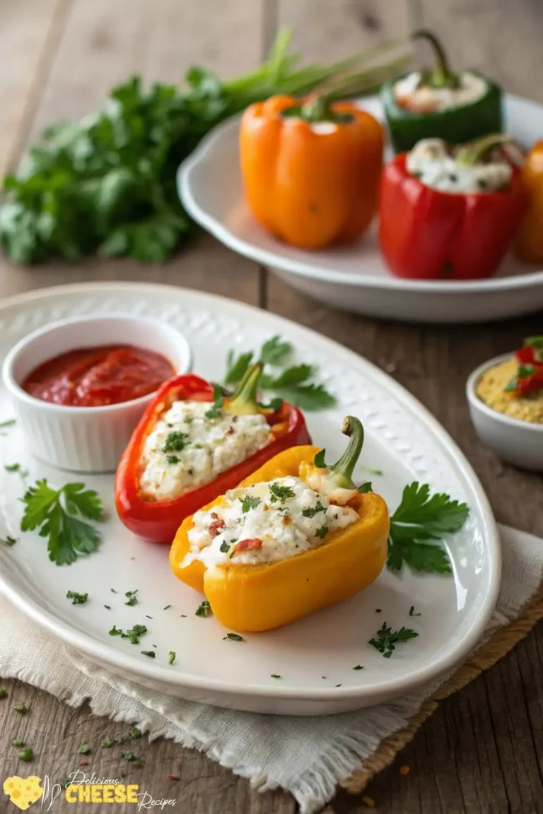 Cream cheese stuffed peppers, baked and topped with herbs, served on a white plate with dipping sauce