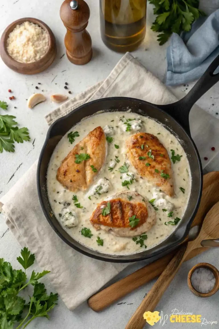 Creamy chicken breasts with Boursin cheese in a cast iron pan, garnished with herbs, top-down view