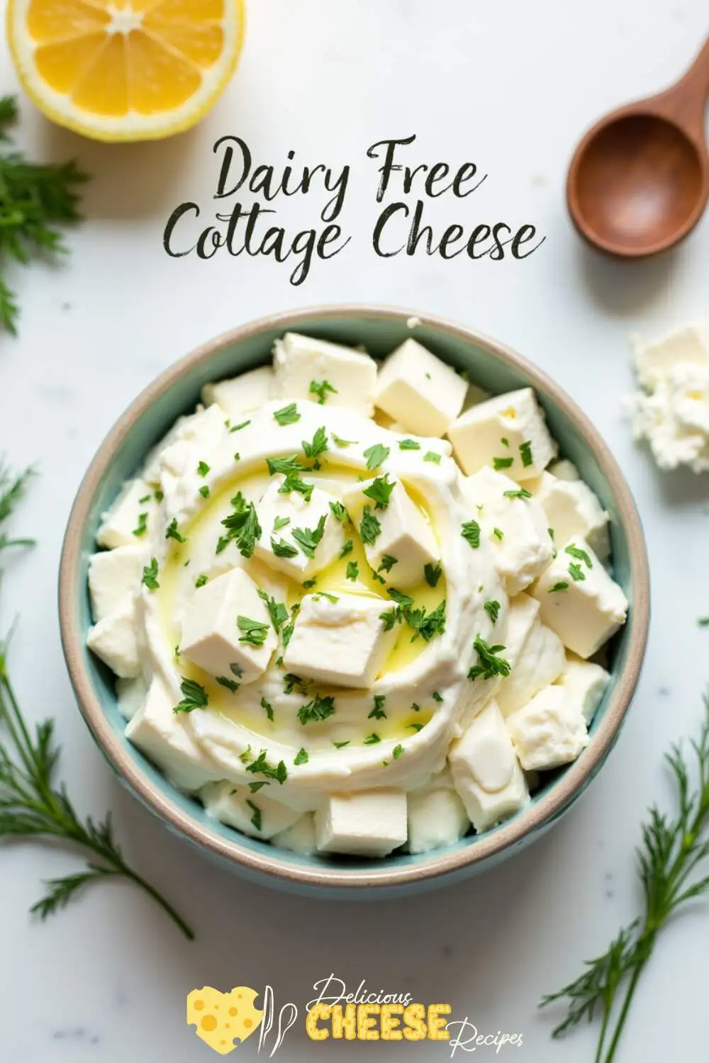 Dairy free cottage cheese garnished with fresh herbs, served in a bowl, surrounded by lemon slices and garlic.