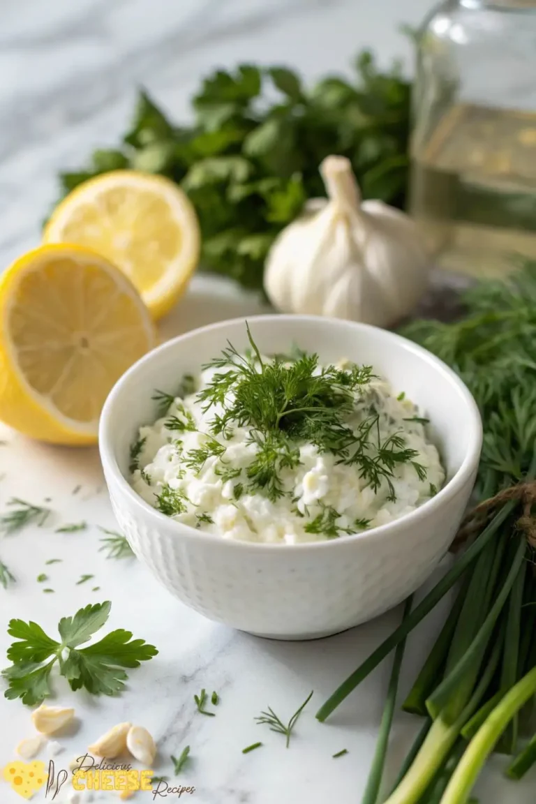 Bowl of dairy free cottage cheese topped with fresh dill and parsley, surrounded by lemon and garlic