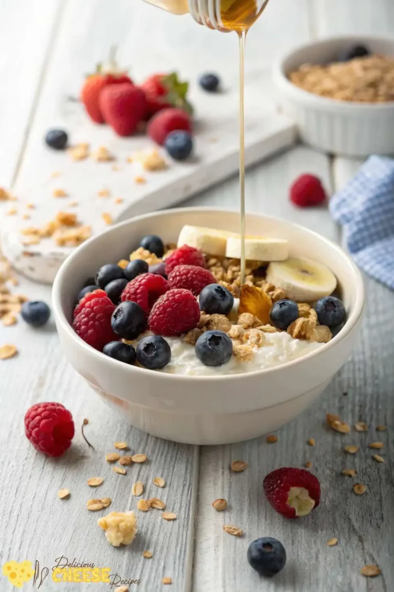 Daisy cottage cheese bowl topped with banana slices, berries, granola, and honey drizzle