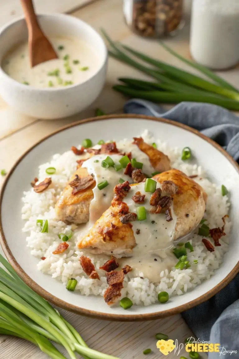 Cream cheese chicken crock pot recipe served over rice, topped with green onions and crispy bacon, top-down view