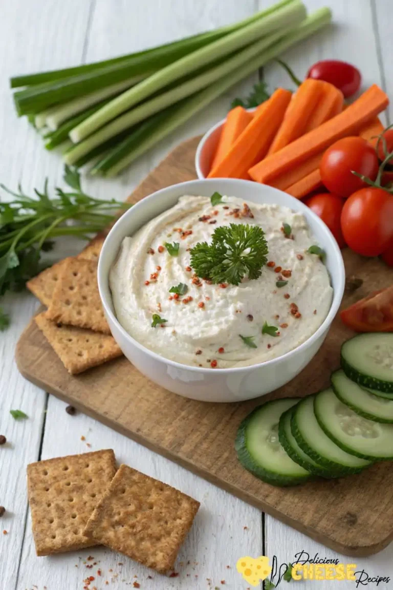 Fat free cream cheese in a white bowl, garnished with parsley and spices, served with fresh vegetables and whole grain crackers