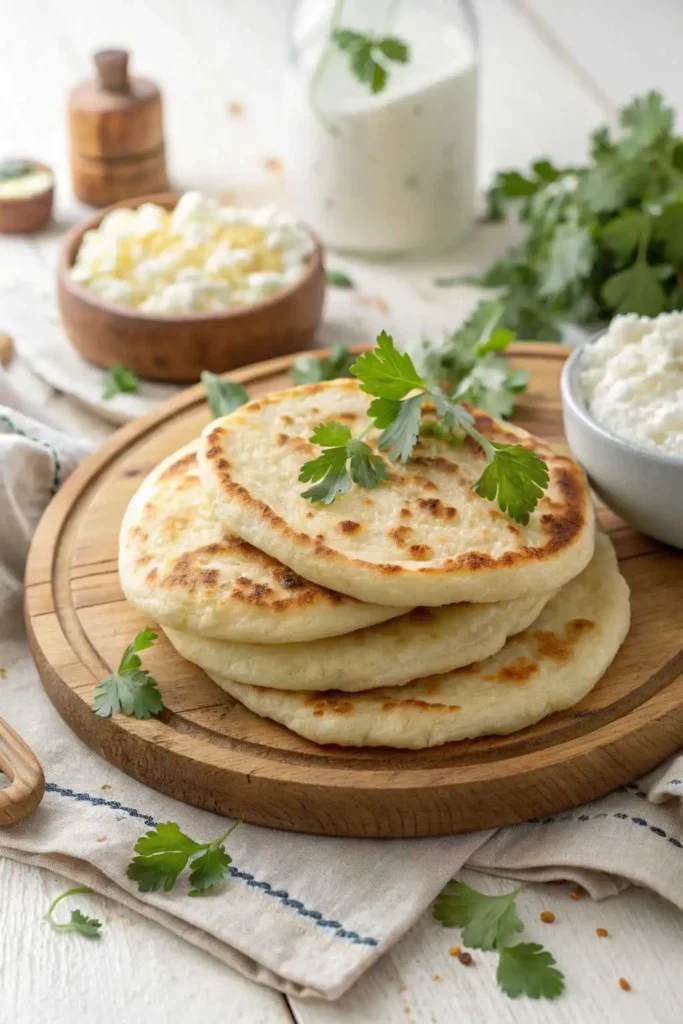 Stack of fluffy cottage cheese flatbreads on a rustic wooden plate, garnished with fresh cilantro