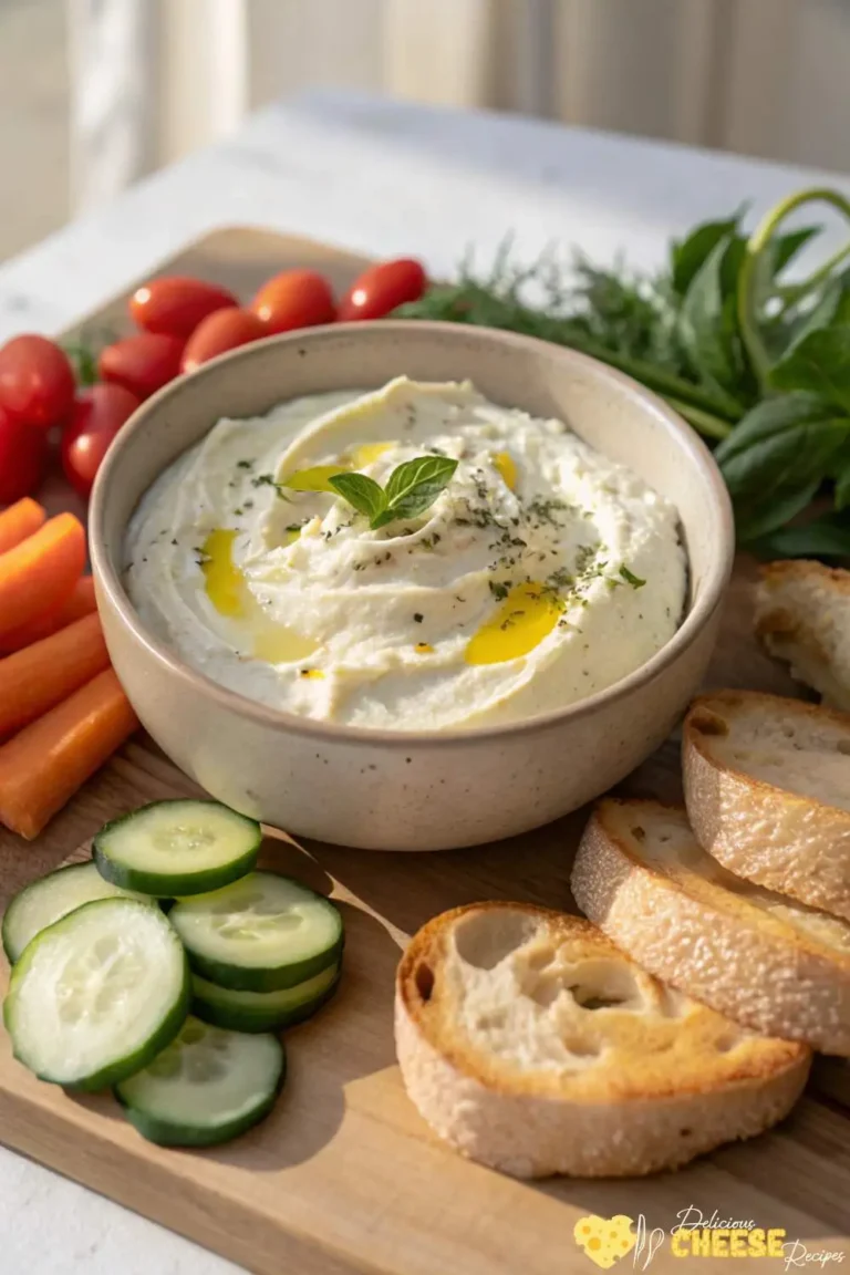 Hy-Vee whipped cream cheese spread in a bowl, topped with olive oil and herbs, served with fresh vegetables and toasted baguette slices