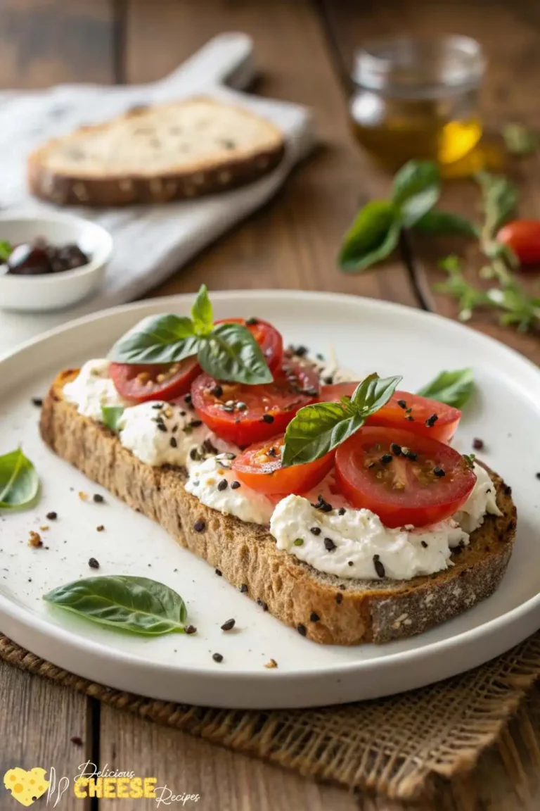 Low fat cottage cheese toast topped with tomato slices, basil leaves, and black sesame seeds on whole grain bread