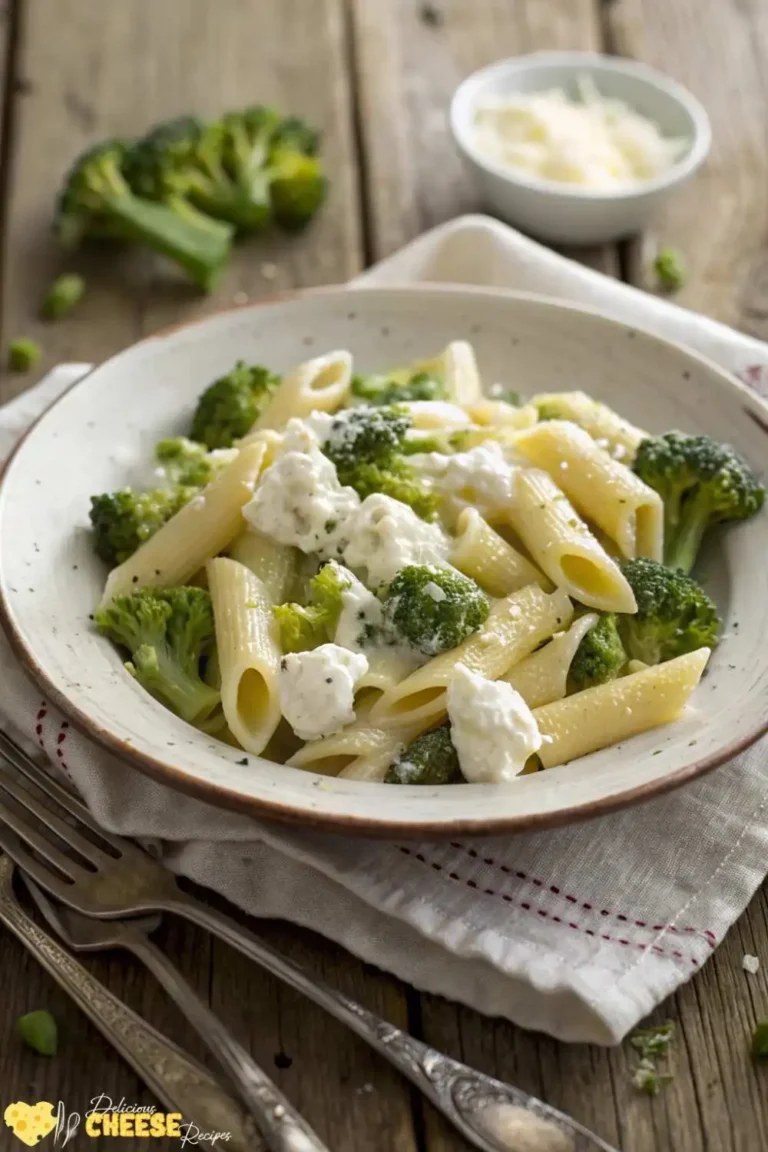 Low sodium cottage cheese pasta with steamed broccoli on a rustic plate