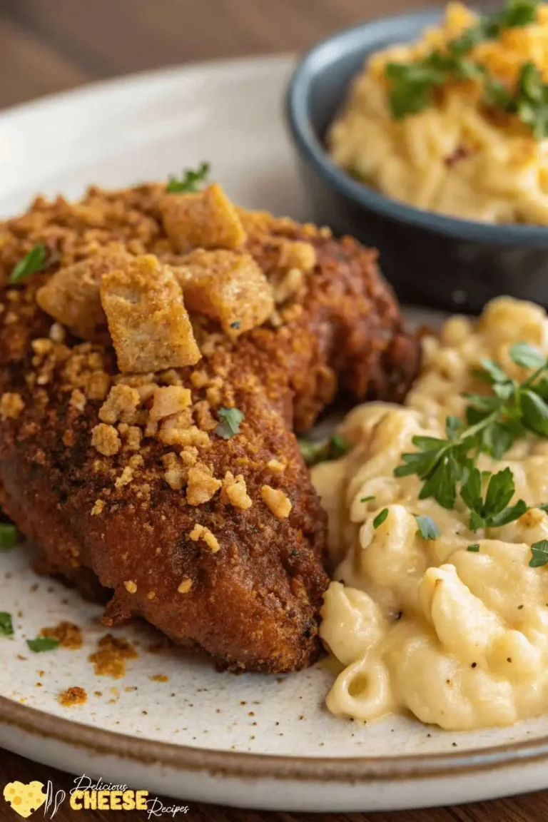 Plate of Nashville chicken served with creamy mac and cheese and garnished with herbs