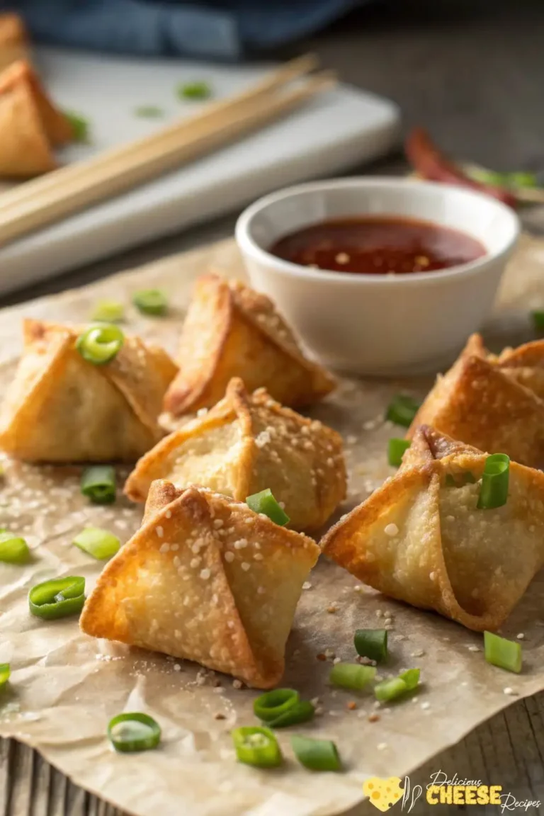 Crispy Panda Express cream cheese rangoons served with sweet chili dipping sauce and garnished with chopped green onions