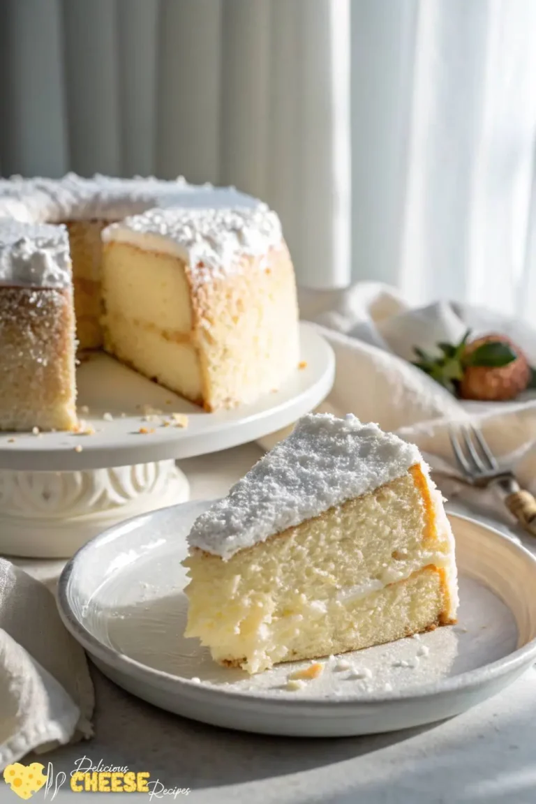 Moist and fluffy Schnucks cream cheese cake slice on a white plate with soft, airy texture