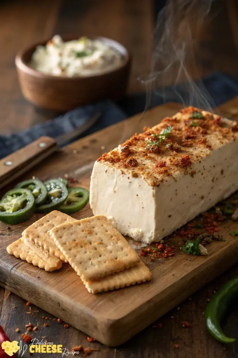 Smoked cream cheese block on a wooden board with paprika, herbs, crackers, and jalapeños, gently steaming