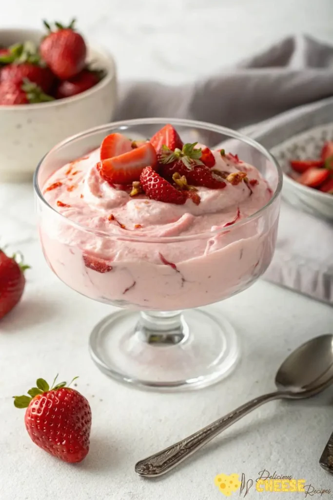 Creamy strawberry cream cheese dessert in a clear bowl topped with fresh red strawberry pieces, showcasing smooth pink texture.