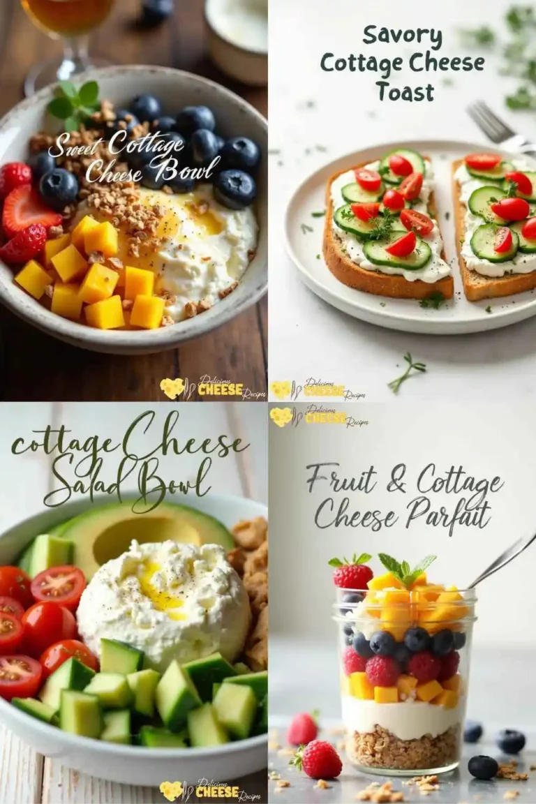 Four healthy ideas of what to eat with cottage cheese, including toast, fruit bowl, salad, and parfait, shown in one image.