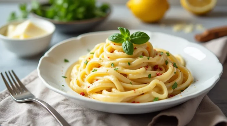 Spaghetti with creamy cottage cheese pasta sauce, topped with fresh herbs and a hint of seasoning