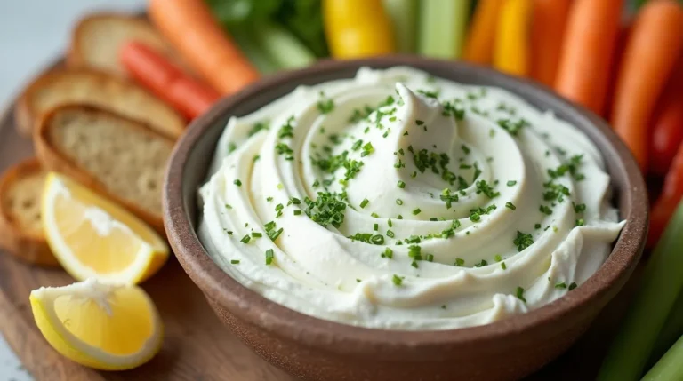 Lactose free cream cheese in a bowl, topped with fresh herbs, surrounded by bread, vegetables, and lemon slices for a fresh presentation