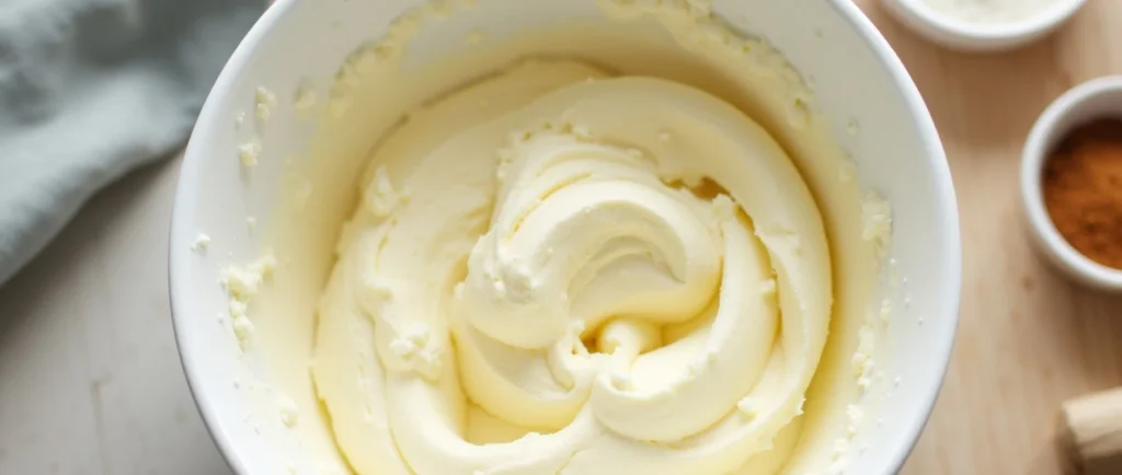 Smooth cream cheese and butter mixture being combined to create a creamy cinnamon cream cheese frosting