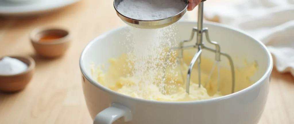 Powdered sugar being gradually incorporated into the cream cheese and butter mixture to create cinnamon cream cheese frosting