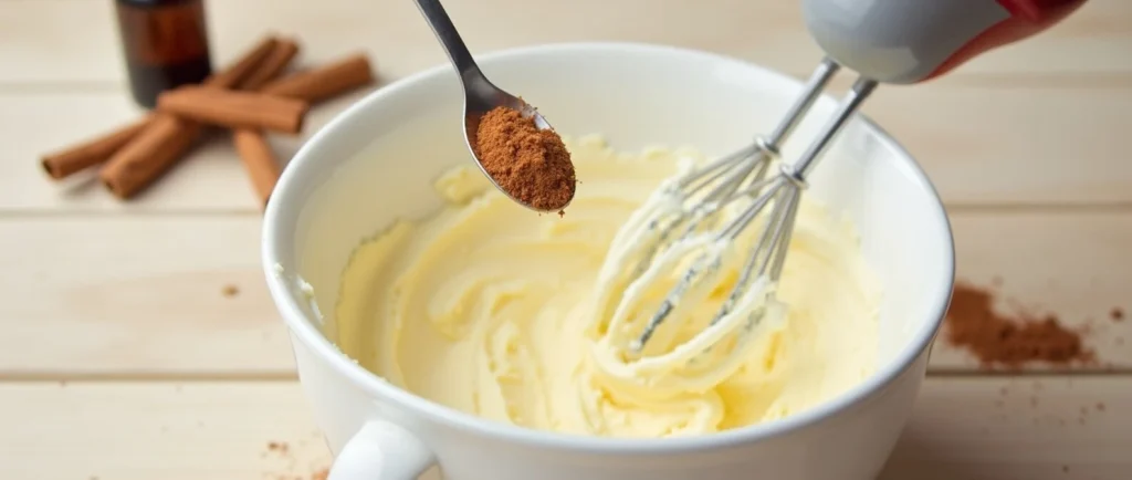 Fully mixed cinnamon cream cheese frosting with a smooth and fluffy texture