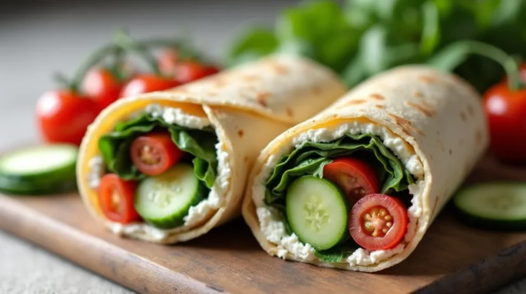 Final presentation of a cottage cheese wrap with fresh cucumbers, tomatoes, and spinach, ready to be served as a high-protein meal