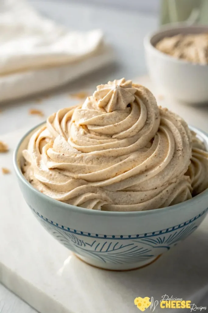 Creamy cinnamon cream cheese frosting in a white bowl with smooth whipped texture