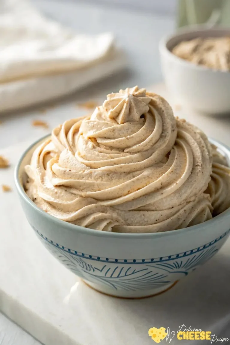 Creamy cinnamon cream cheese frosting in a white bowl with smooth whipped texture
